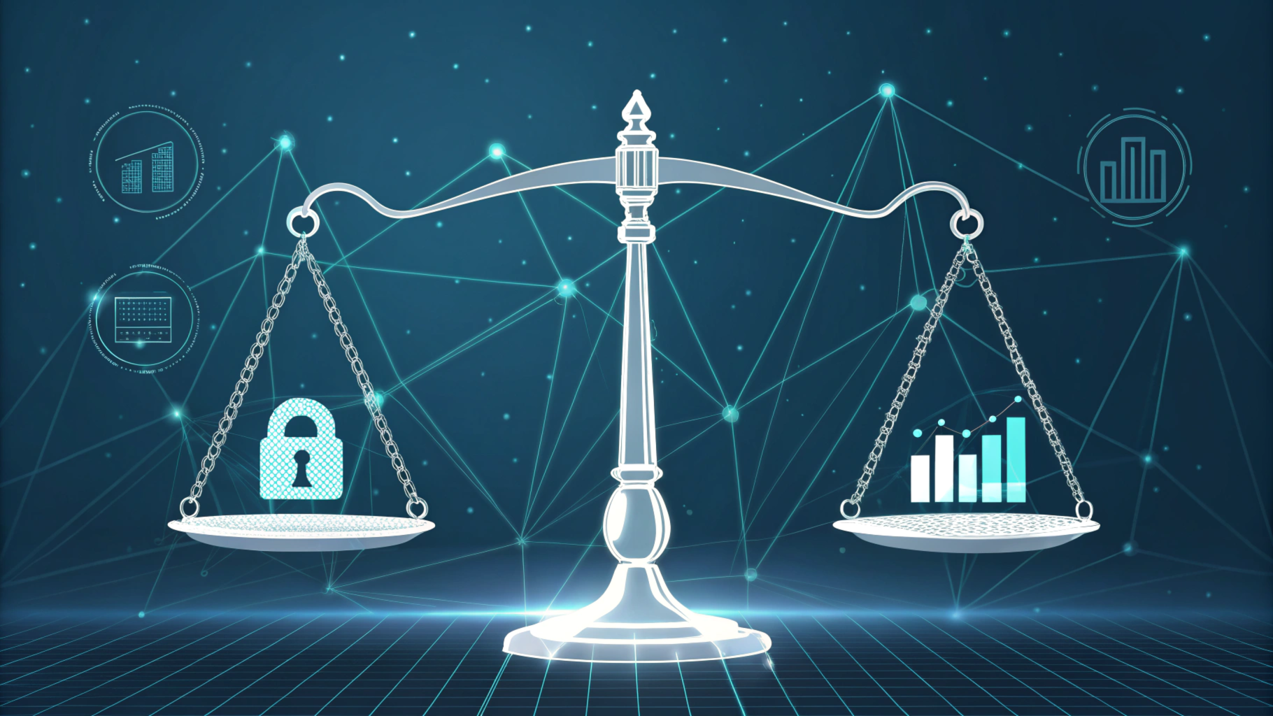 Balance scale representing the trade-off between data privacy and analytics benefits.