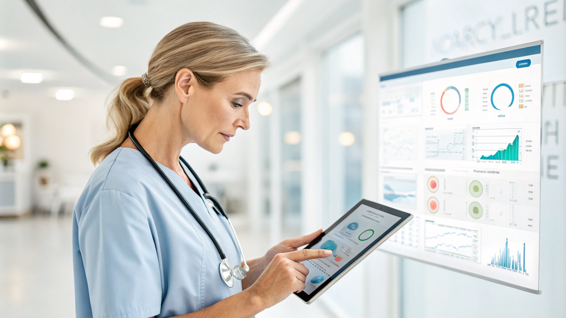 Healthcare professionals analyzing patient data through predictive analytics dashboards.