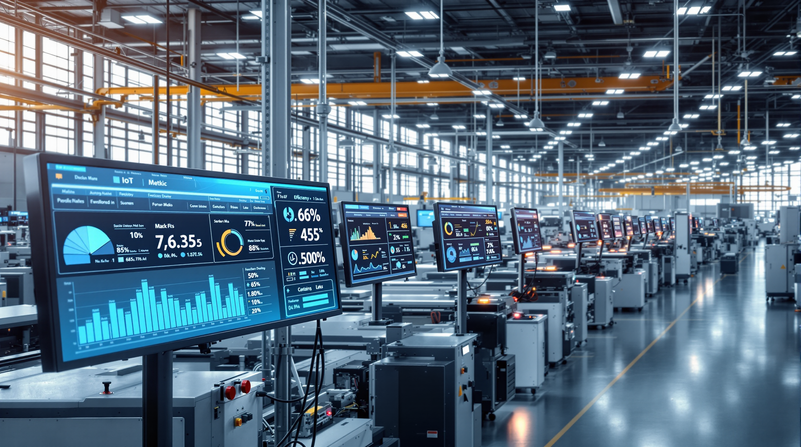 IoT-connected machines on a factory floor showcasing real-time efficiency metrics.