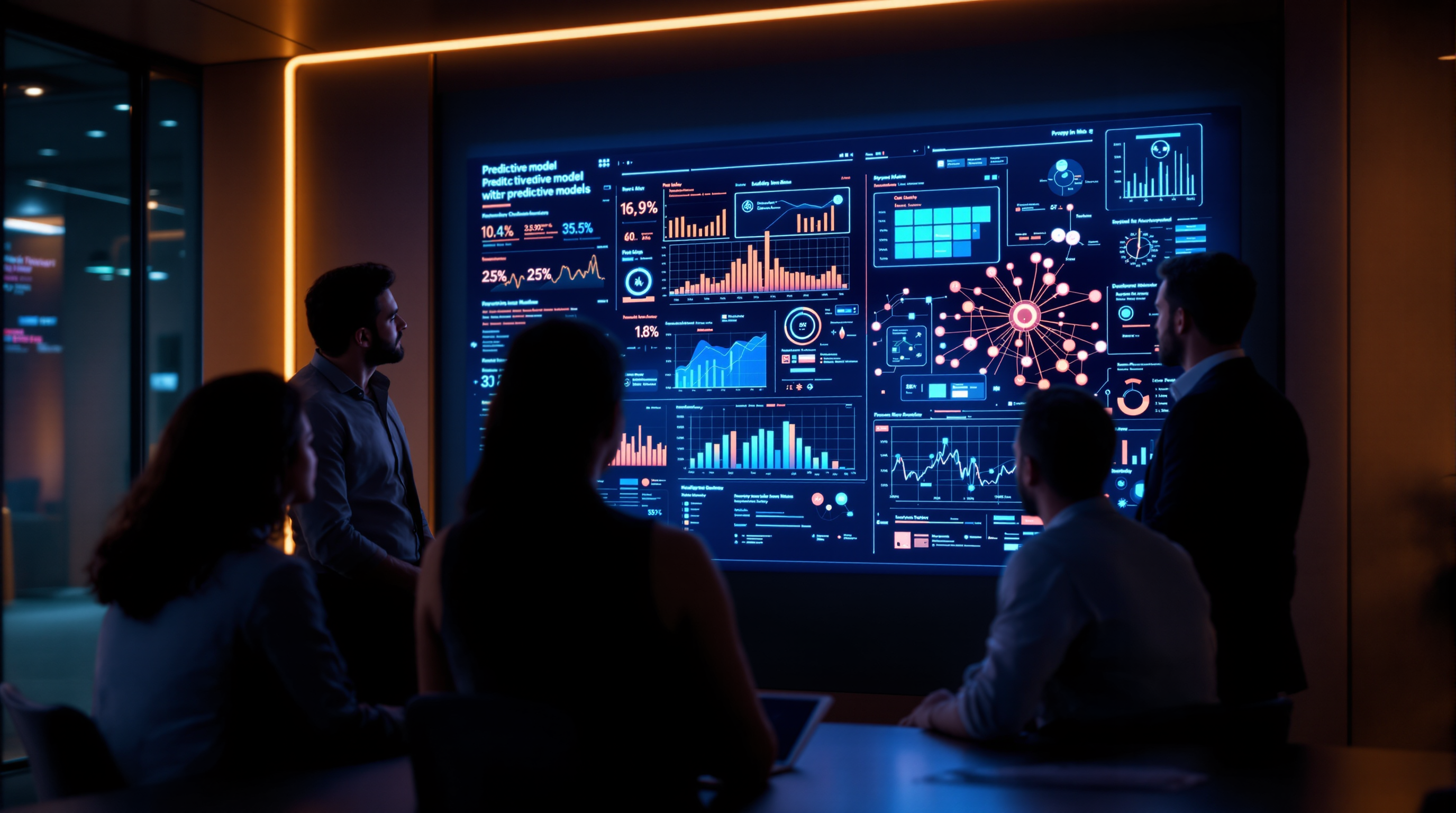 Team examining predictive analytics models on a screen for strategic decision-making in business.