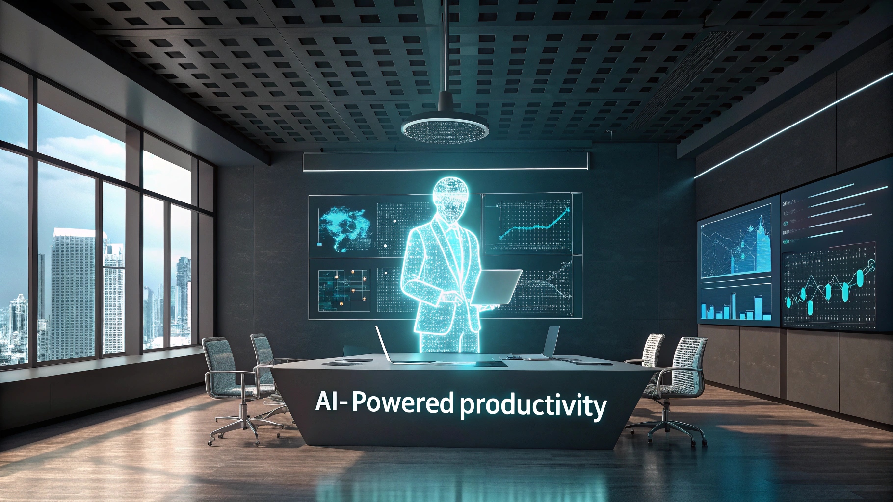 AI agent managing real-time analytics on a business dashboard, highlighting the future of productivity with AI.