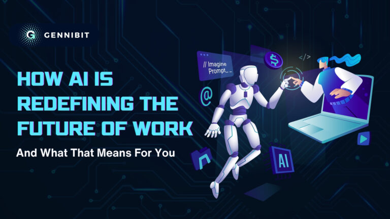 AI-driven workplace showcasing futuristic technology and collaboration tools – the future of work with AI.