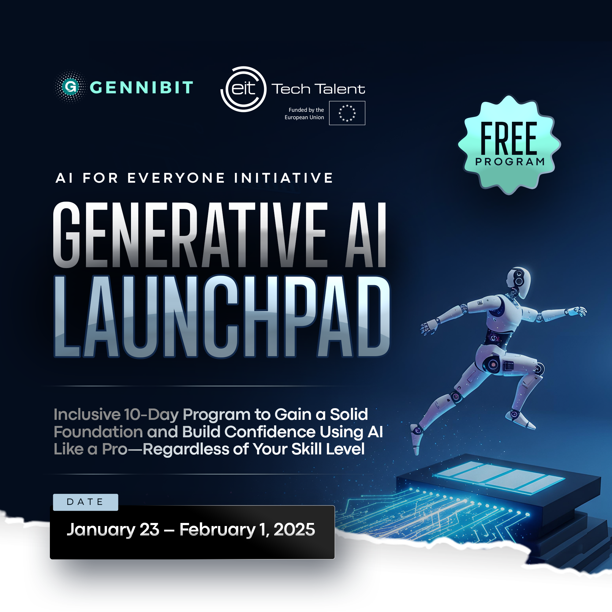 Promotional banner for Generative AI LaunchPad, highlighting a hands-on training program for AI skill development