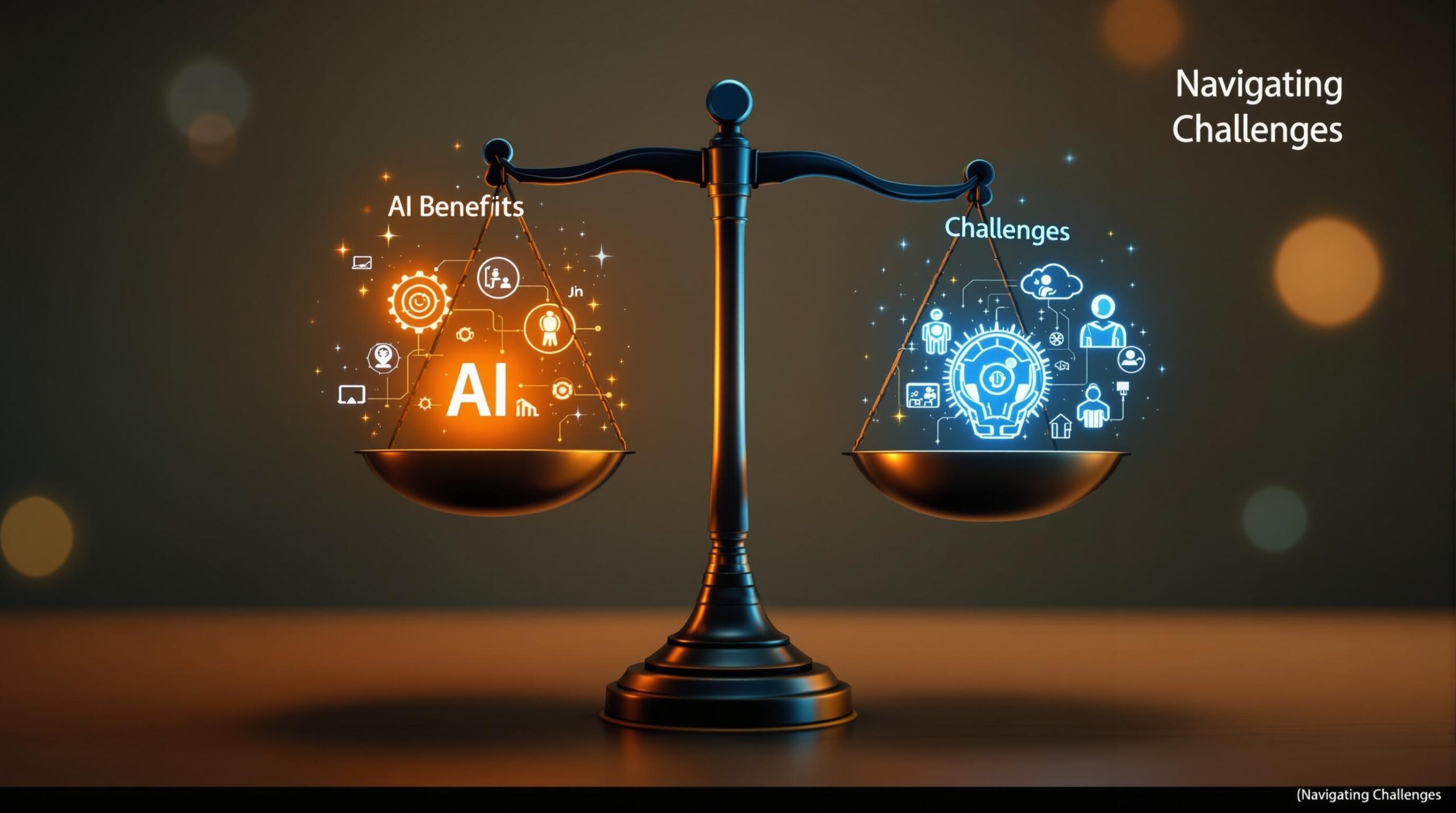 Split-screen illustration of AI's workplace benefits and challenges, including efficiency and ethical concerns