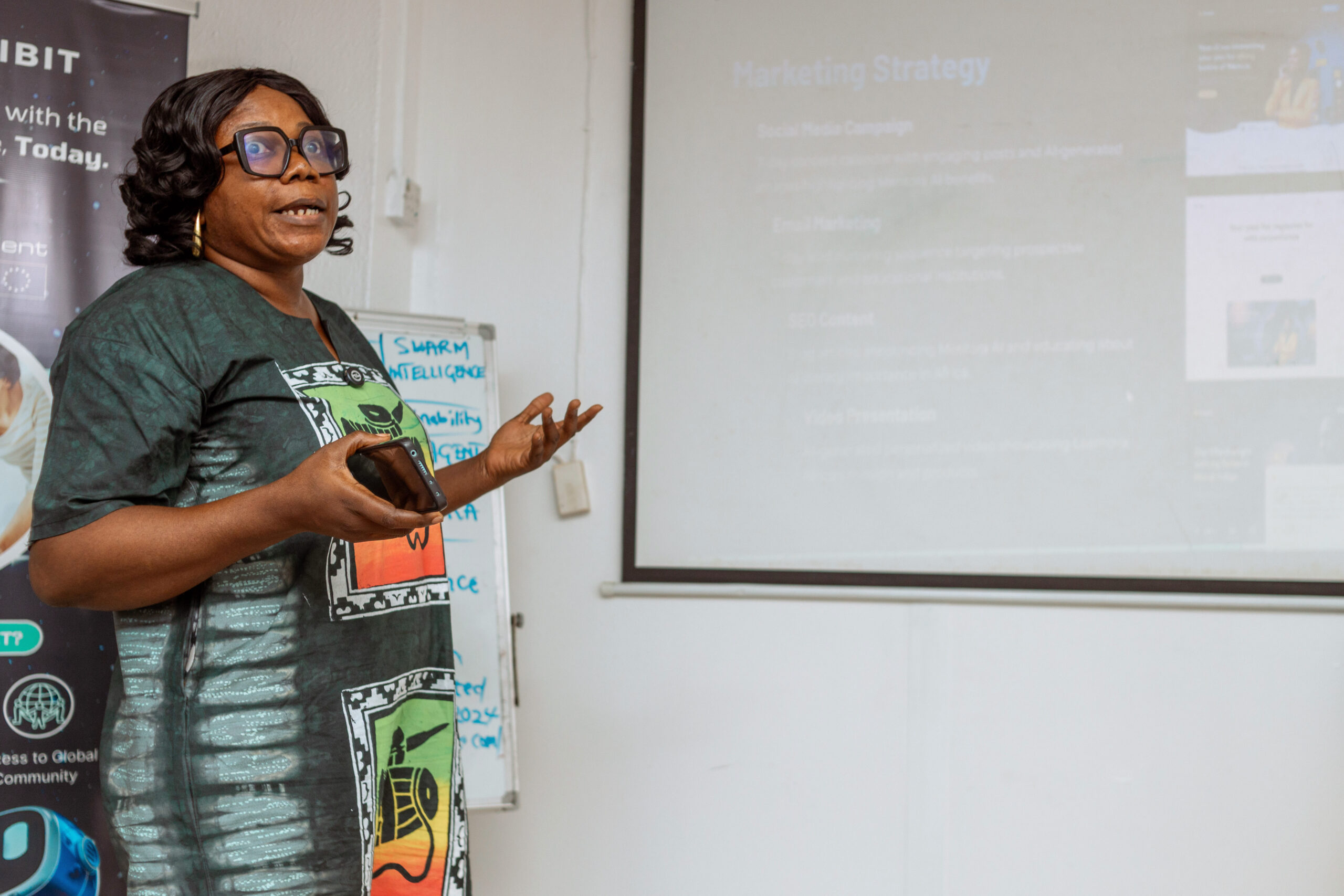 AMBA graduate Funmilayo Jimoh presenting Team Gamma’s final AI project from AMBA AI Demo Day to the Meetup audience."